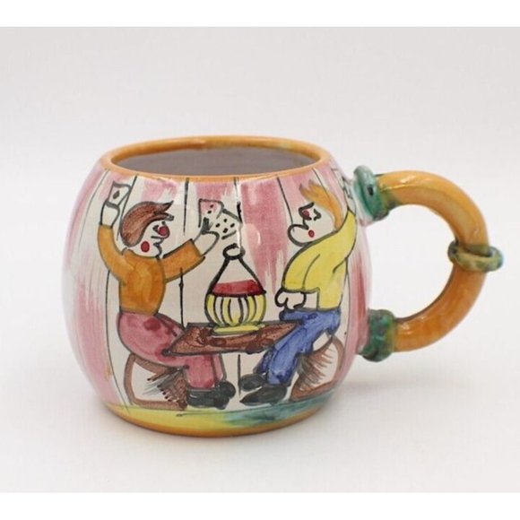 Barrel Mug Card Playing Pair 16oz Hand Painted Ceramic Pottery Italy Made 70's - Picture 1 of 8